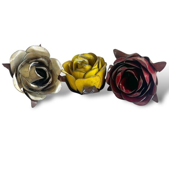 Rustic Painted Forged Metal Decorative Rose Bloom Trio in White Red Yellow - Picture 2 of 16